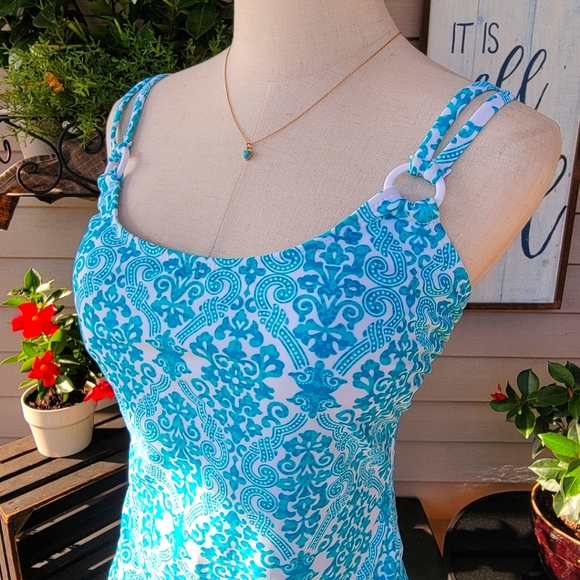 CATALINA ♡ Gorgeous 1pc Aqua Blue 'n White Padded Bralette Swimsuit L (12-14) - Picture 13 of 17